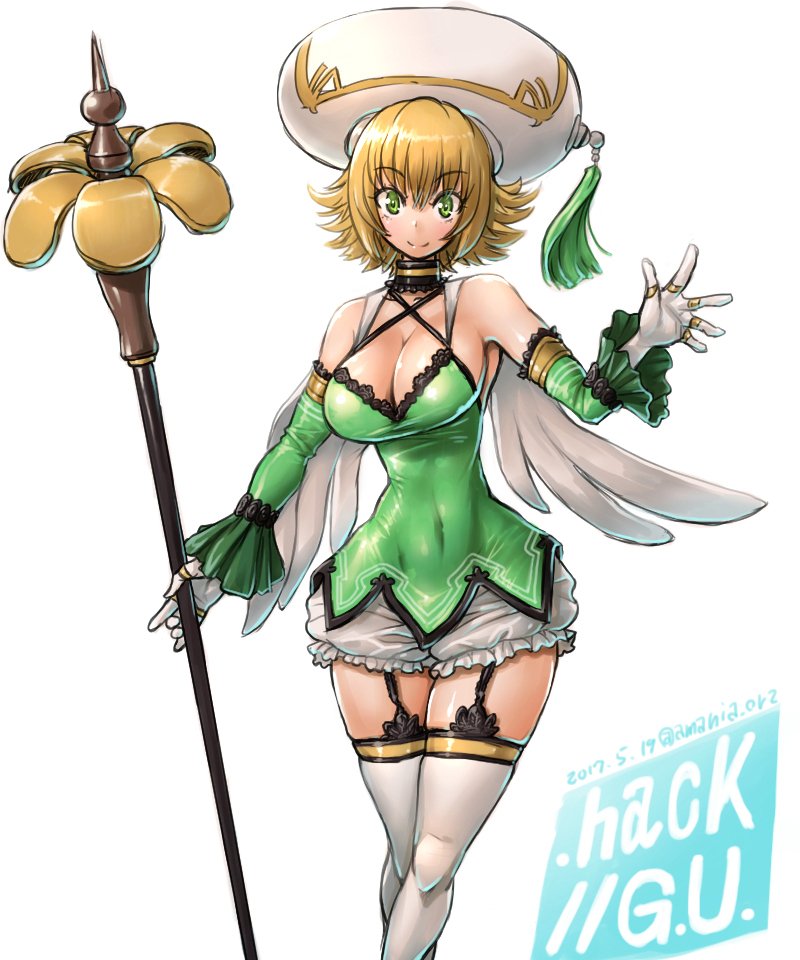 .hack// .hack//g.u. 1girl amania_orz atoli_(.hack//) blonde_hair breasts cape choker closed_mouth detached_sleeves gloves green_eyes hat looking_at_viewer short_hair simple_background smile solo thigh-highs white_background white_bloomers