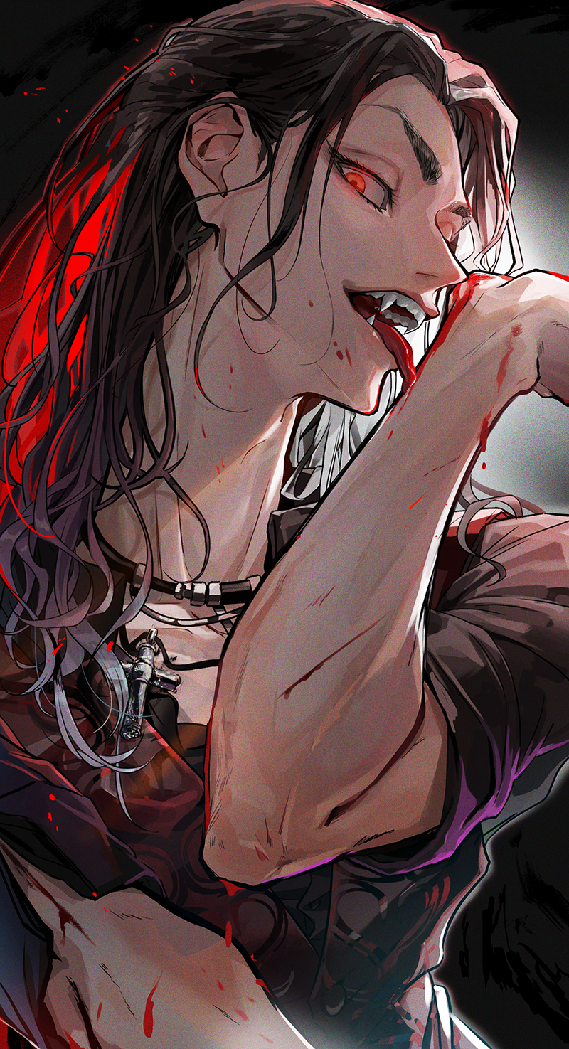 1boy baji_keisuke black_hair black_shirt blood cross cross_necklace glowing glowing_eyes hand_up highres jewelry licking long_hair looking_at_viewer male_focus miyuki_nknk necklace open_mouth red_eyes shirt short_sleeves solo tokyo_revengers tongue tongue_out upper_body