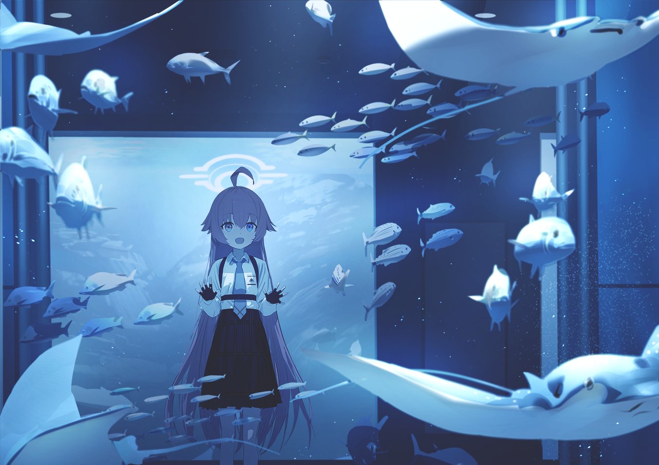 1girl :d against_glass ahoge aquarium blue_archive blue_theme dot_nose fingerless_gloves fish gloves halo high-waist_skirt hoshino_(blue_archive) long_hair manta_ray monochrome necktie open_mouth shirt skirt smile solo standing underwater very_long_hair wasabi60