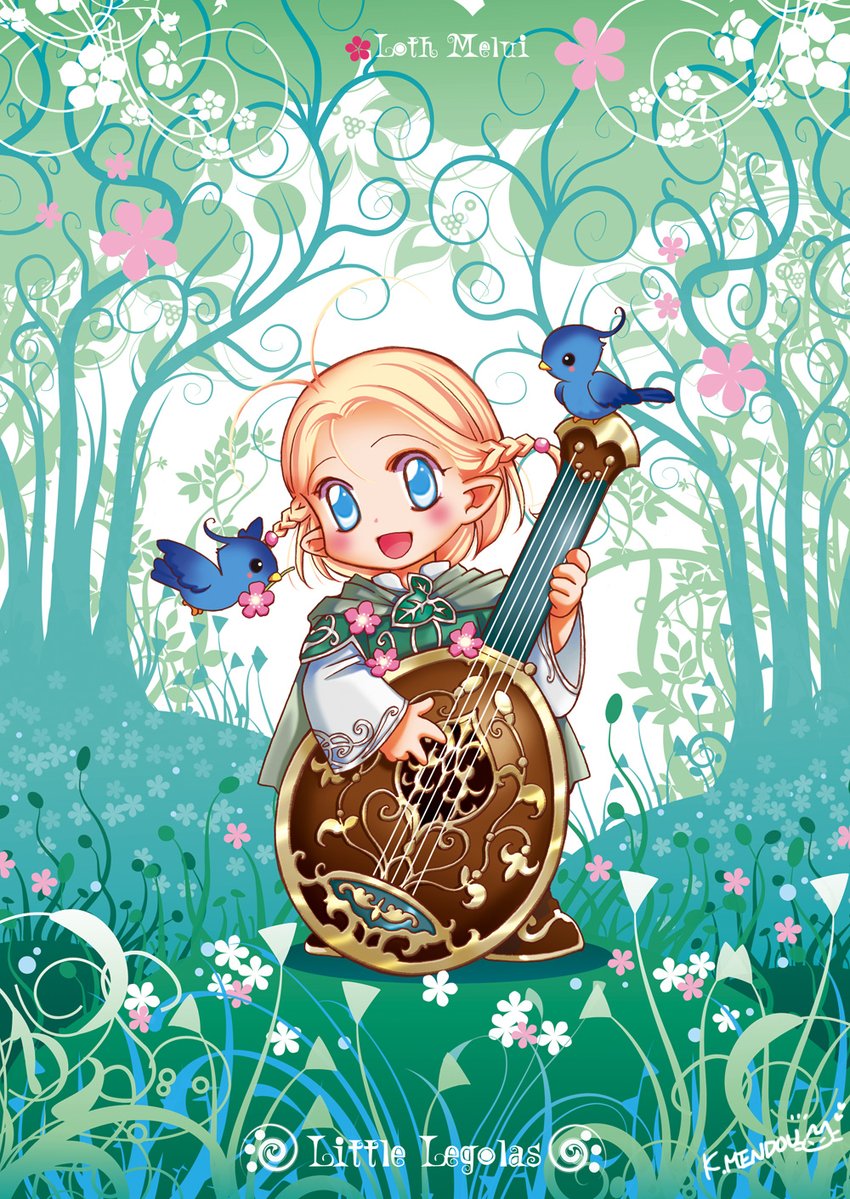 1boy :d bird blush cape character_name chibi child forest green_cape holding holding_instrument instrument instrument_request kazuki-mendou layered_sleeves legendarium legolas long_sleeves looking_at_viewer nature open_mouth short_over_long_sleeves short_sleeves side_braids signature smile solo standing the_silmarillion