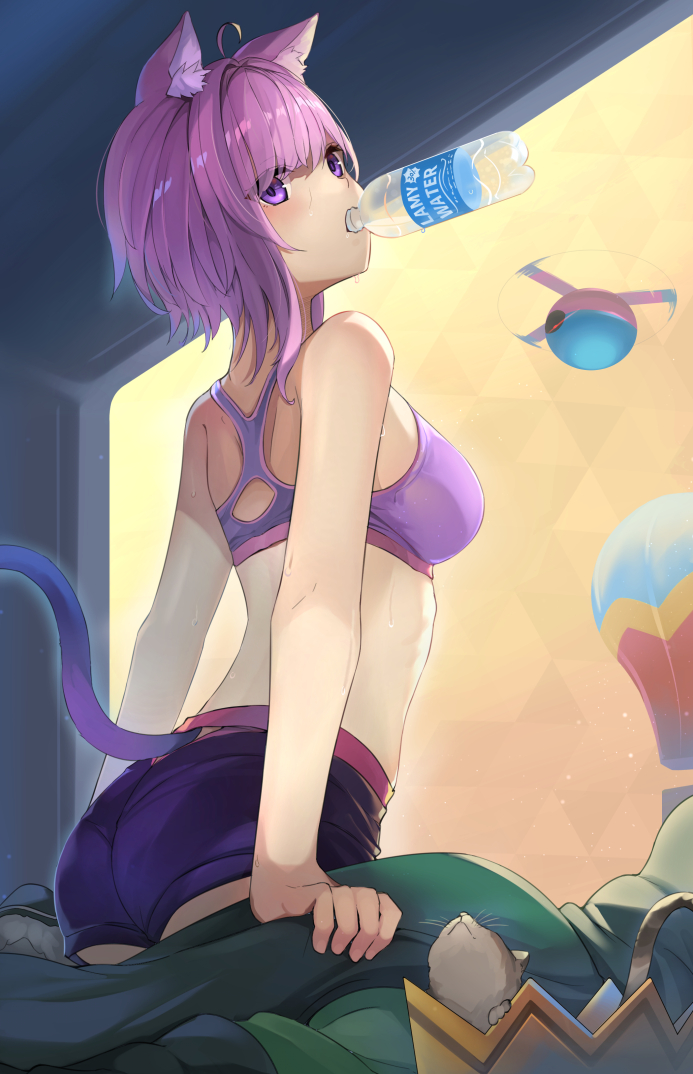 1girl ahoge animal_ears bangs bare_arms bare_shoulders bottle breasts cat cat_ears cat_girl cat_tail commentary_request drone eyes_visible_through_hair fall_guys from_behind hololive looking_back medium_breasts medium_hair mouth_hold nekomata_okayu purple_hair purple_shorts purple_sports_bra short_shorts shorts solo sora_no_tori sports_bra sweat tail violet_eyes virtual_youtuber water_bottle