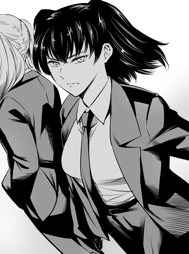 2girls black_lagoon character_request closed_mouth collared_shirt formal greyscale jacket looking_at_viewer maguro_teikoku medium_hair monochrome multiple_girls necktie open_clothes open_jacket pant_suit pants ponytail shirt simple_background solo_focus suit two_side_up white_background wing_collar