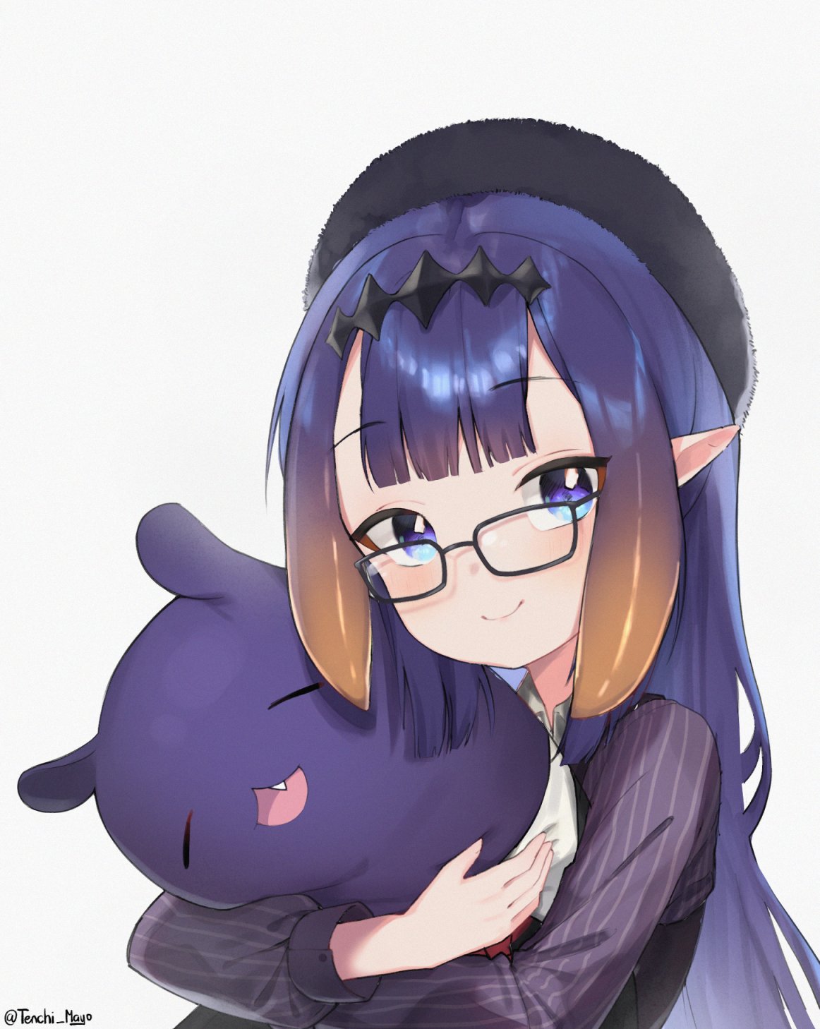 1girl bangs beret black_headwear blue_eyes blush collared_shirt eyebrows_visible_through_hair glasses grey_background grey_shirt hat highres holding holding_stuffed_toy hololive hololive_english ninomae_ina'nis pointy_ears purple_hair shirt smile solo stuffed_toy tako_(ninomae_ina'nis) tenchi_mayo tentacle_hair twitter_username virtual_youtuber