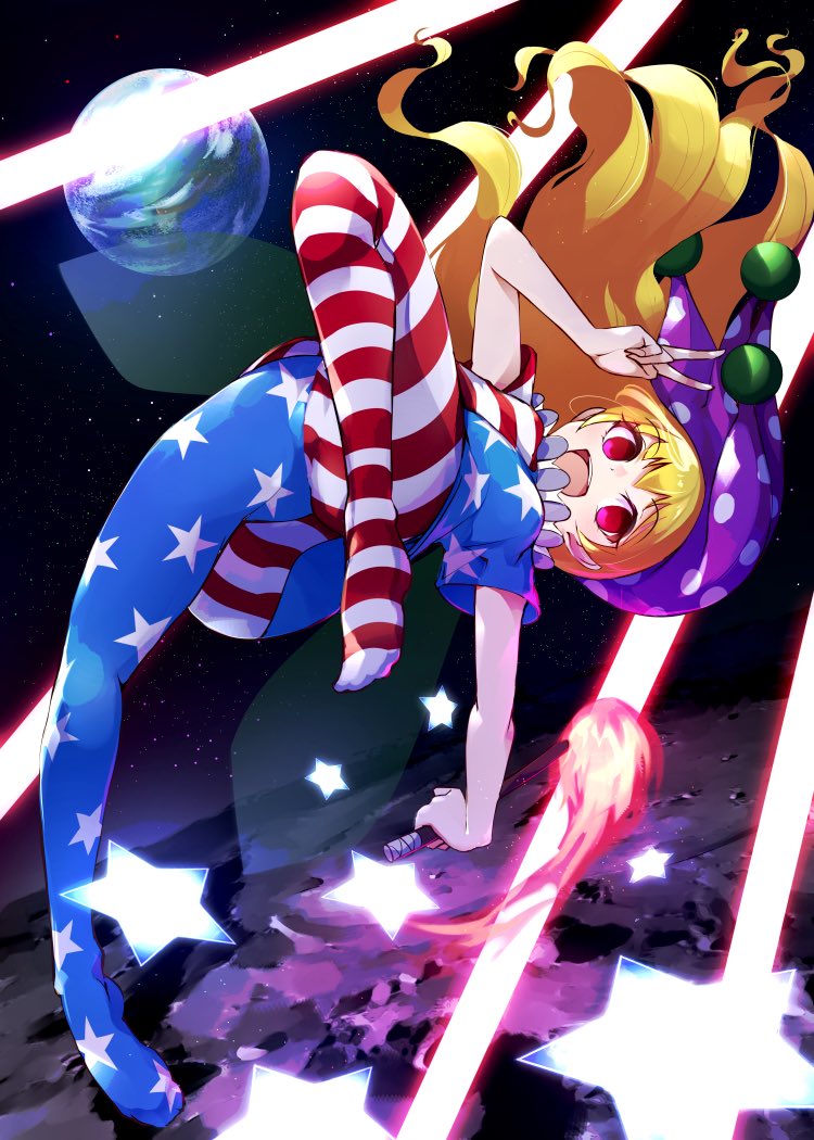 13-gou 1girl american_flag_dress american_flag_legwear bangs blonde_hair blush breasts clownpiece commentary_request danmaku earth_(planet) eyebrows_visible_through_hair fairy_wings floating_hair full_body hat holding holding_torch jester_cap laser long_hair moon neck_ruff open_mouth pantyhose planet polka_dot purple_headwear red_eyes short_sleeves small_breasts solo space star_(symbol) teeth torch touhou upper_teeth v wings