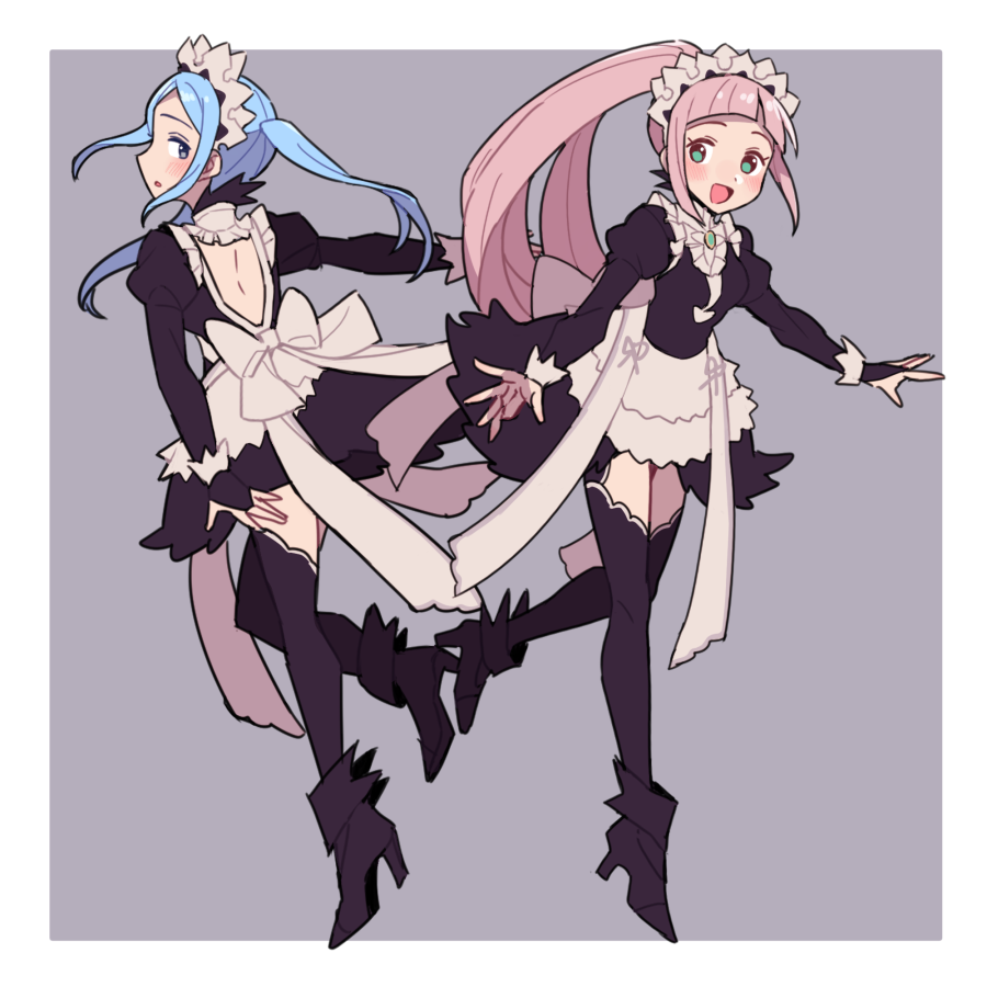 2girls :o apron back backless_dress backless_outfit bangs black_dress black_footwear black_legwear blue_hair blunt_bangs blush bow breasts bridal_gauntlets center_frills do_m_kaeru dress feather_trim felicia_(fire_emblem) fire_emblem fire_emblem_fates flora_(fire_emblem) forehead frills full_body green_eyes grey_eyes high_heels juliet_sleeves long_hair long_sleeves looking_at_viewer maid maid_headdress medium_breasts multiple_girls open_mouth pink_hair ponytail puffy_sleeves siblings sidelocks sisters smile straight_hair tongue twins twintails waist_apron white_apron white_bow