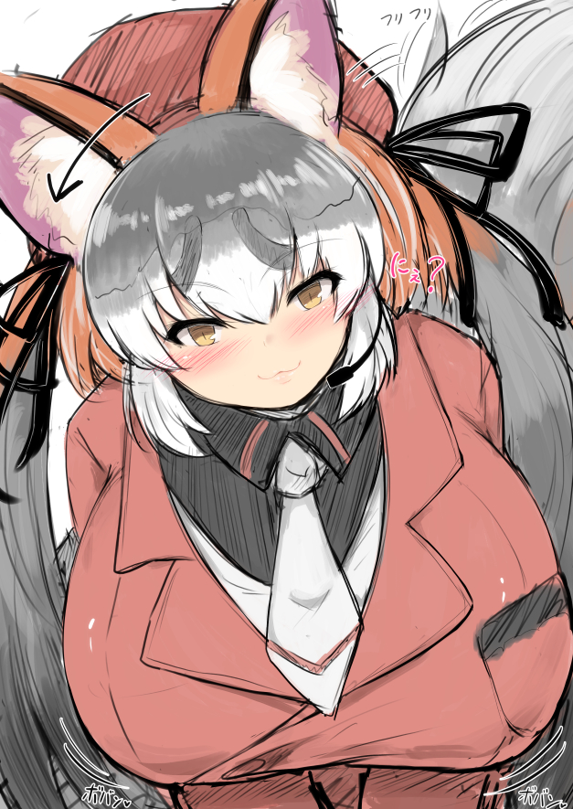 1girl :3 alternate_breast_size animal_ear_fluff animal_ears arrow_(symbol) bangs blush breast_pocket breasts closed_mouth eyebrows_visible_through_hair fox_ears fox_girl fox_tail gigantic_breasts ginzake_(mizuumi) grey_hair hair_between_eyes head_tilt headset impossible_clothes impossible_jacket island_fox_(kemono_friends) jacket kemono_friends kemono_friends_v_project leaning_forward leaning_to_the_side long_hair long_sleeves looking_at_viewer meme_attire motion_lines multicolored_hair necktie pocket red_jacket redhead ribbon shirt sketch slit_pupils smile solo tail twintails upper_body very_long_hair virgin_killer_sweater white_hair yellow_eyes