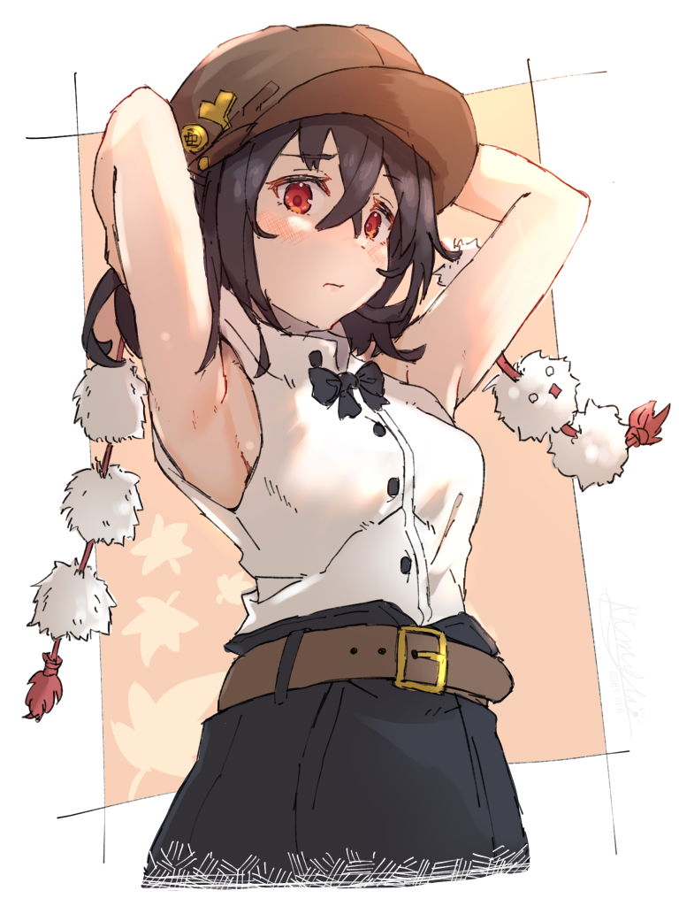 1girl :/ adapted_costume armpits arms_up bangs belt black_hair black_neckwear black_ribbon black_skirt blush breasts brown_belt brown_headwear buckle buttons cabbie_hat closed_mouth commentary_request cropped_legs crossed_bangs dot_nose hair_between_eyes hat looking_at_viewer medium_breasts mumyuu pom_pom_(clothes) red_eyes ribbon shameimaru_aya shirt shirt_tucked_in short_hair skirt sleeveless sleeveless_shirt solo touhou white_shirt