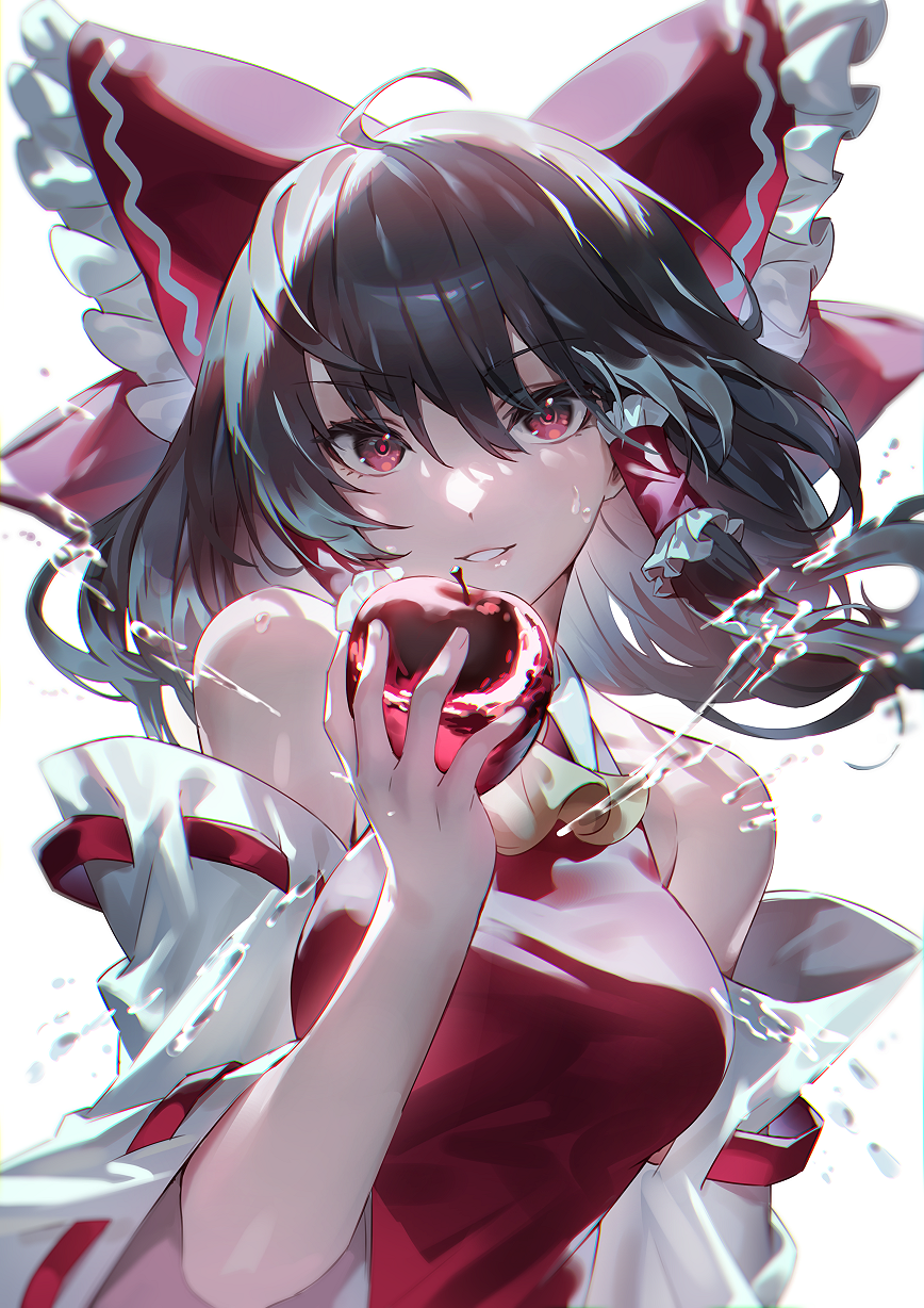 1girl ahoge apple ascot bangs bare_shoulders black_hair bow food frilled_bow frills fruit hair_between_eyes hakurei_reimu highres holding holding_food holding_fruit japanese_clothes looking_at_viewer miko off_shoulder open_mouth red_bow red_eyes red_skirt simple_background skirt solo touhou u_u_zan upper_body watercraft white_background wide_sleeves