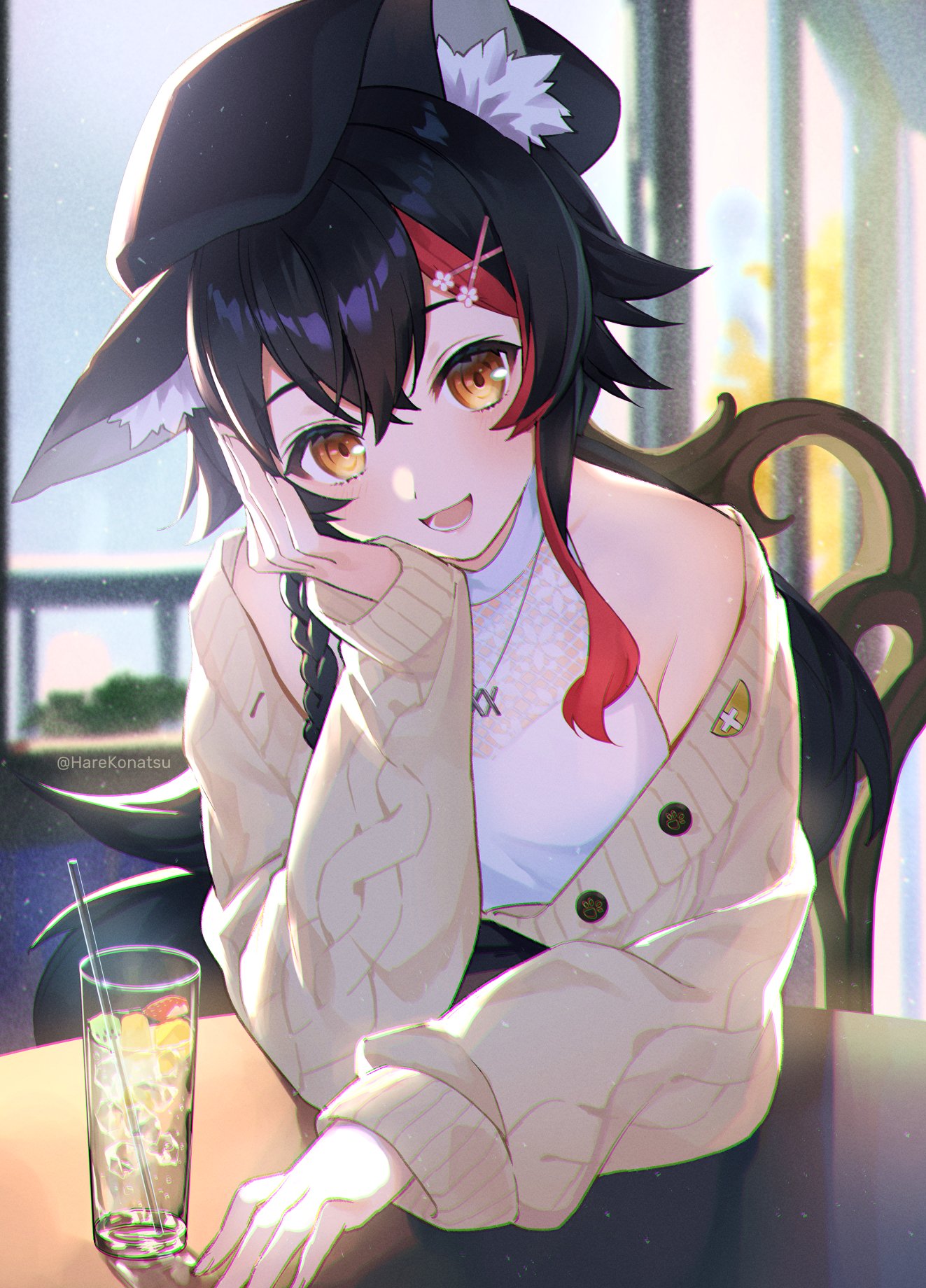 1girl animal_ears bangs beige_cardigan black_hair black_headwear braid cafe cardigan chair commentary cup drinking_glass drinking_straw hair_ornament hairclip hat head_rest highres hololive ice ice_cube jewelry konatsu_hare long_hair long_sleeves looking_at_viewer multicolored_hair necklace ookami_mio open_mouth orange_eyes shirt sidelocks single_braid sitting solo streaked_hair table twitter_username upper_body virtual_youtuber white_shirt wolf_ears wolf_girl