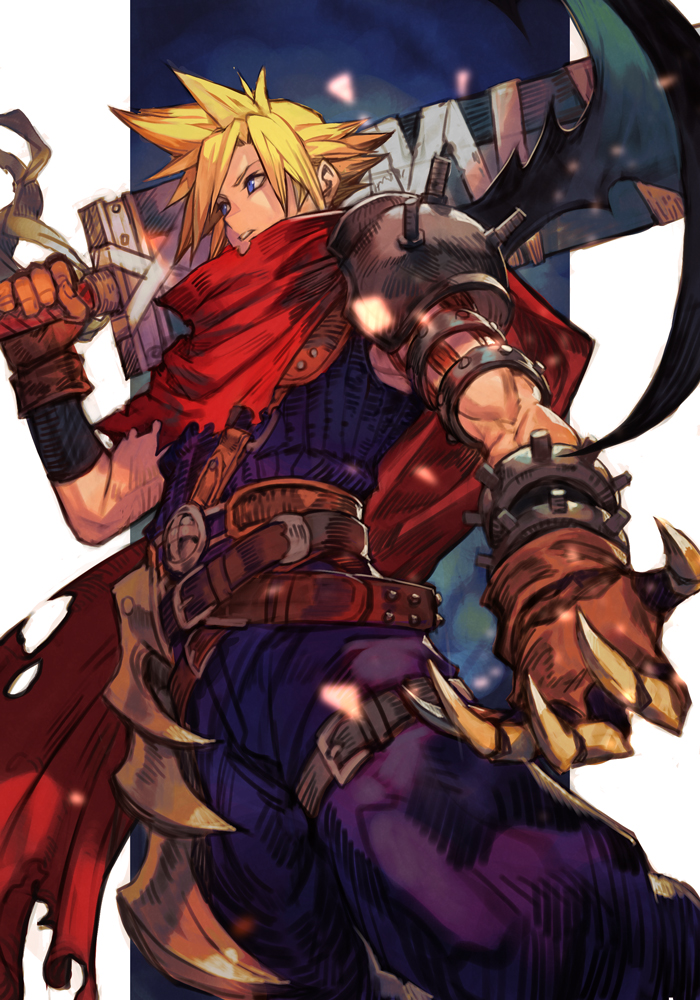 1boy armor belt blue_eyes brown_belt brown_gloves cape claws cloud_strife copyright_request final_fantasy gloves hankuri holding holding_sword holding_weapon huge_weapon kingdom_hearts male_focus multiple_belts pants parted_lips pauldrons purple_pants red_cape shoulder_armor shoulder_spikes single_pauldron single_wing solo spikes standing sword weapon wings