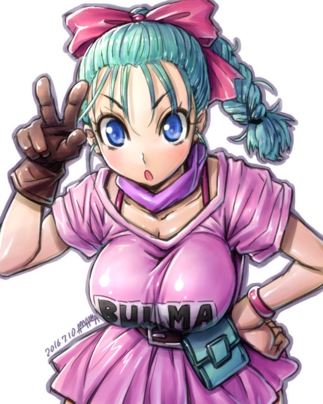 1girl amania_orz blue_eyes blue_hair bow breasts bulma dragon_ball dragon_ball_(classic) gloves hair_bow large_breasts long_hair looking_at_viewer open_mouth simple_background single_glove solo v white_background