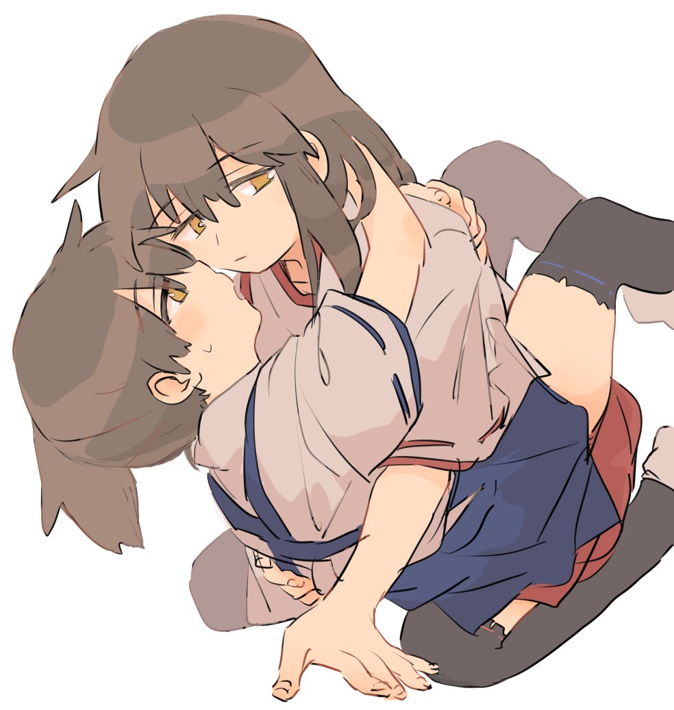 2girls akagi_(kancolle) black_legwear blue_hakama blush brown_eyes brown_hair closed_mouth commentary eyebrows_visible_through_hair hakama hug ina_(1813576) japanese_clothes kaga_(kancolle) kantai_collection kimono long_hair multiple_girls open_mouth ponytail red_hakama simple_background thigh-highs white_background white_kimono yuri