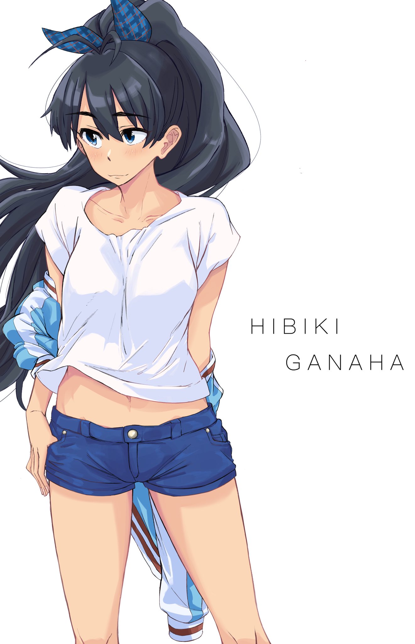 1girl anjerain bangs blue_eyes blue_jacket breasts character_name eyebrows_visible_through_hair floating_hair ganaha_hibiki hair_behind_ear hand_on_hip highres idolmaster idolmaster_(classic) jacket long_hair looking_to_the_side medium_breasts navel off_shoulder ponytail shirt solo tan white_shirt