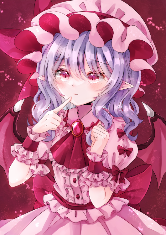 1girl ascot bat_wings dress eyebrows_visible_through_hair finger_to_mouth flower frilled_dress frilled_shirt_collar frills furrowed_brow hair_between_eyes hair_flower hair_ornament hat hat_ribbon jaku_sono looking_at_viewer magenta_background mob_cap pink_dress pointy_ears puffy_short_sleeves puffy_sleeves purple_hair red_eyes red_neckwear remilia_scarlet ribbon rose short_hair short_sleeves simple_background slit_pupils smile solo touhou upper_body wings worried