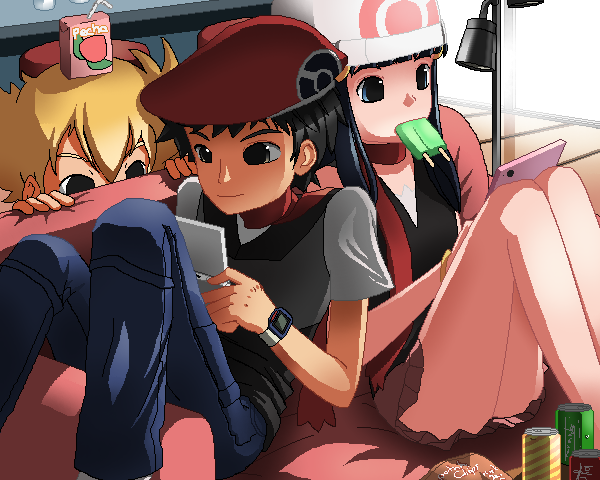 1girl 2boys bag_of_chips barry_(pokemon) beanie black_eyes black_hair blonde_hair blue_eyes blue_hair blue_pants can commentary hikari_(pokemon) food green_scarf handheld_game_console hat juice_box lucas_(pokemon) mouth_hold multiple_boys nintendo_ds pants peeking pokemon pokemon_(game) pokemon_dppt popsicle red_headwear red_scarf scarf sizzleboom skirt soda_can vest watch