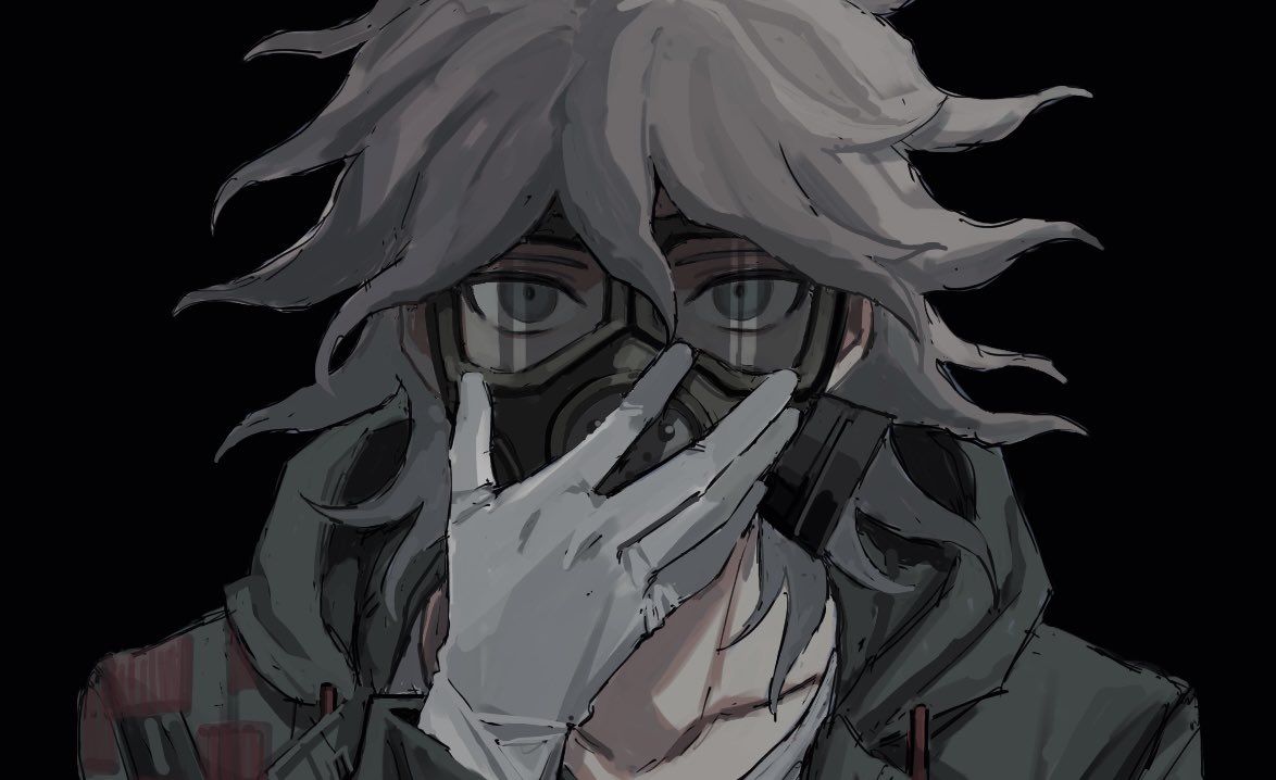 1boy a12740807 bangs black_background collarbone danganronpa_(series) danganronpa_2:_goodbye_despair gloves grey_gloves grey_hair hand_up jacket komaeda_nagito male_focus mask medium_hair portrait simple_background solo upper_body white_gloves