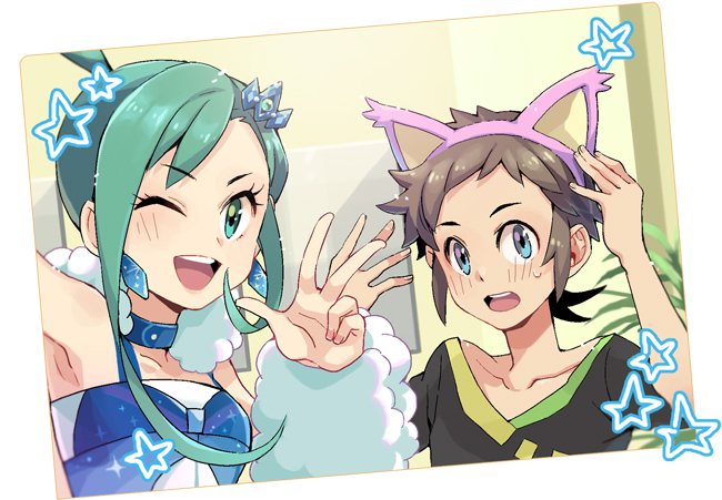 1boy 1girl ;d blue_eyes blush border brendan_(pokemon) brown_hair collarbone commentary_request eyelashes green_eyes green_hair hairband hand_up hands_up lisia_(pokemon) one_eye_closed open_mouth pokemon pokemon_(game) pokemon_ears pokemon_oras selfie short_hair skitty smile star_(symbol) teeth tongue upper_teeth w white_border xichii