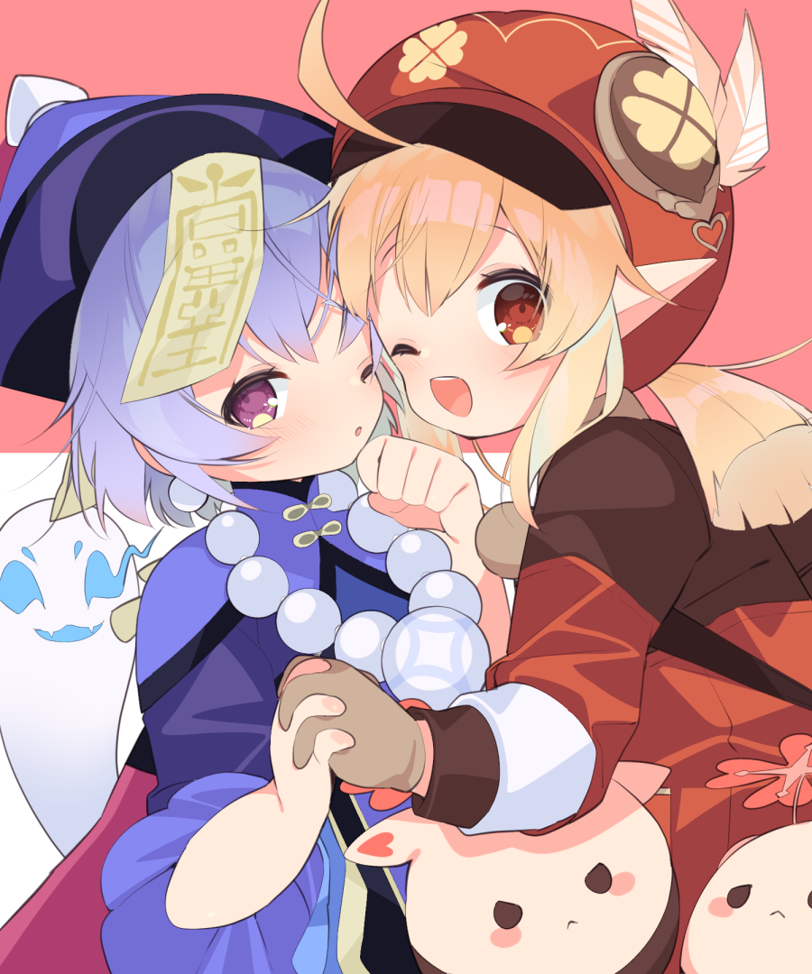 2girls ;d ahoge backpack bag bangs bead_necklace beads brown_gloves brown_scarf cabbie_hat chinese_clothes clover_print coat commentary_request eyebrows_visible_through_hair face-to-face genshin_impact ghost gloves hair_between_eyes hat hat_feather hat_ornament holding_hands interlocked_fingers jewelry jiangshi jumpy_dumpty klee_(genshin_impact) koori_(k_kashikura) light_brown_hair long_hair long_sleeves looking_at_viewer low_ponytail low_twintails multiple_girls necklace ofuda one_eye_closed open_mouth orange_eyes parted_lips paw_pose pointy_ears purple_hair qing_guanmao qiqi_(genshin_impact) red_coat red_headwear scarf sidelocks simple_background smile twintails two-tone_background violet_eyes wide_sleeves