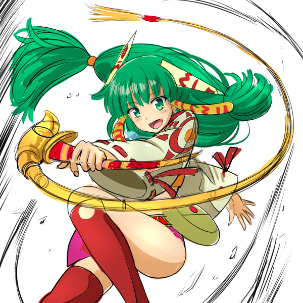 1girl breasts feena_(grandia) grandia grandia_i green_eyes green_hair hair_ornament hair_tubes jewelry kayama_kenji long_hair looking_at_viewer low-tied_long_hair midriff open_mouth skirt smile solo thigh-highs whip