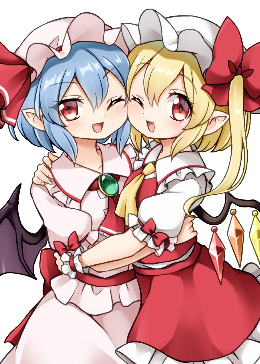 2girls ascot bangs bat_wings blonde_hair blue_hair blush bow cheek-to-cheek crystal eyebrows_visible_through_hair fang fingernails flandre_scarlet frilled_shirt_collar frilled_skirt frills happy hat hat_bow hat_ribbon heads_together highres hug looking_at_viewer mob_cap multiple_girls one_eye_closed open_mouth pointy_ears puffy_short_sleeves puffy_sleeves red_bow red_eyes red_skirt red_vest remilia_scarlet ribbon shoes short_hair short_sleeves siblings side_ponytail simple_background sisters skirt smile suwa_yasai touhou upper_body vest white_background wings wrist_cuffs yellow_neckwear