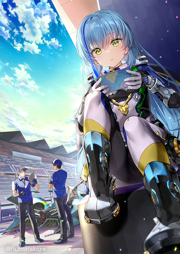 1girl 2boys baseball_cap black_bodysuit black_footwear black_pants blue_hair blue_headwear blue_shirt blue_sky bodysuit boots car cellphone closed_mouth clouds commentary_request day fujima_takuya gloves hat highspeed_etoile holding holding_phone knee_up komachi_towa long_hair looking_at_viewer motor_vehicle multicolored_hair multiple_boys outdoors pants phone shirt sitting sky streaked_hair twitter_username very_long_hair white_bodysuit white_gloves yellow_eyes