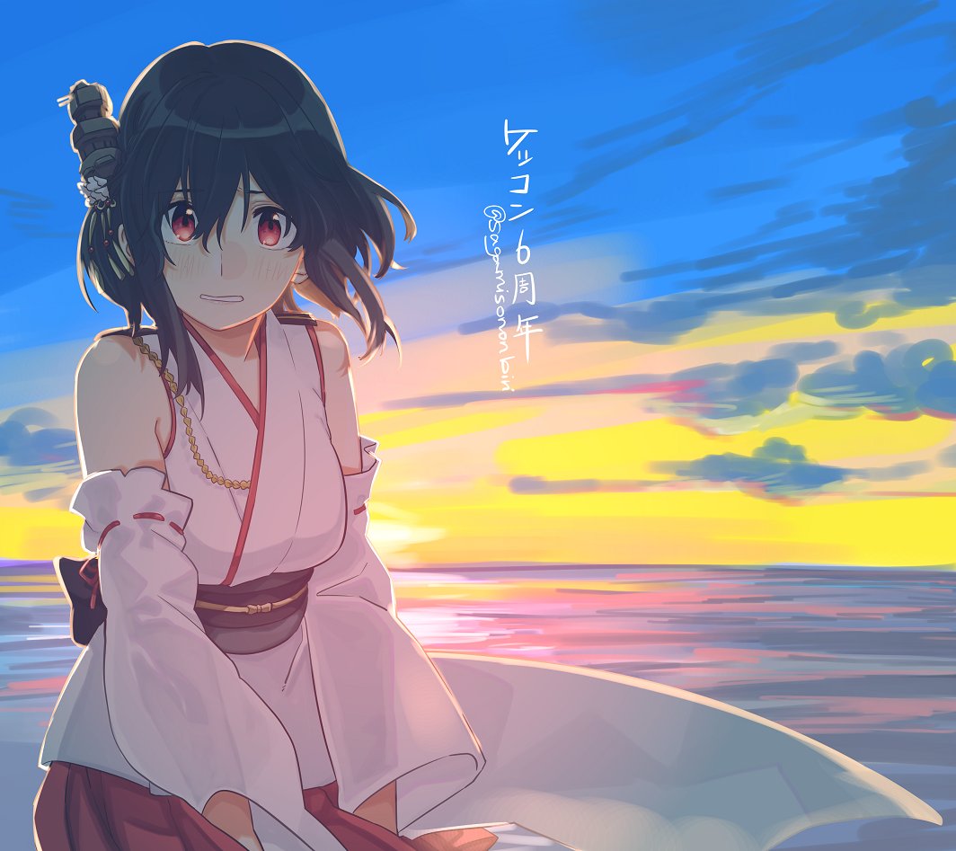 1girl black_hair commentary_request detached_sleeves gradient_sky hair_ornament headgear horizon japanese_clothes kantai_collection looking_at_viewer ocean outdoors red_eyes sagamiso short_hair sky solo sunrise wide_sleeves yamashiro_(kancolle)
