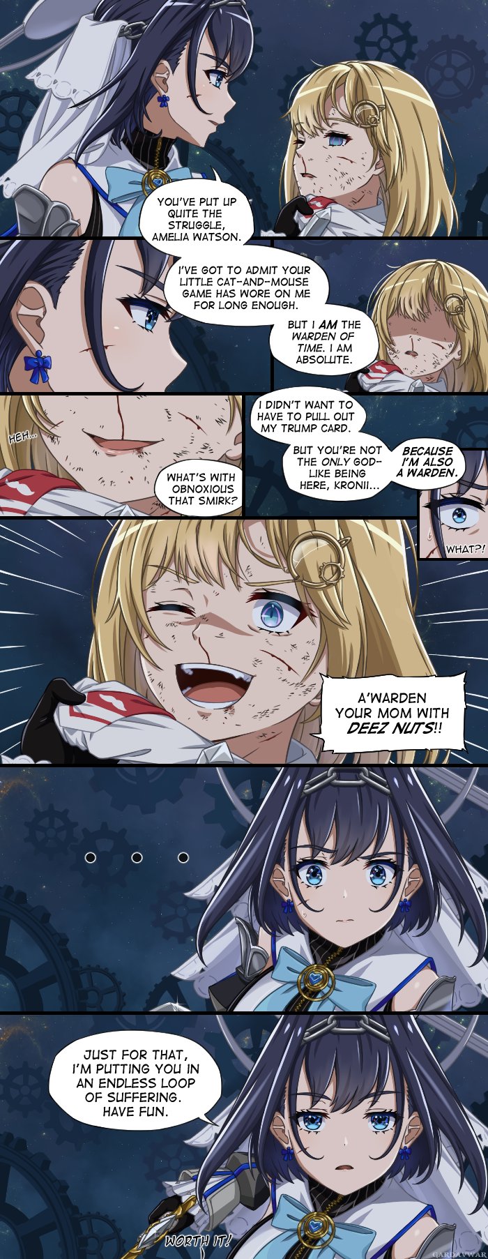 ... 2girls annoyed bangs blonde_hair blue_bow blue_eyes bow bow_earrings cuts deez_nuts_(meme) earrings english_commentary english_text fangs gardavwar highres hololive hololive_english injury jewelry meme multiple_girls necktie night night_sky one_eye_closed open_mouth ouro_kronii red_neckwear shaded_face short_hair short_necktie sky smile speech_bubble surprised virtual_youtuber watson_amelia