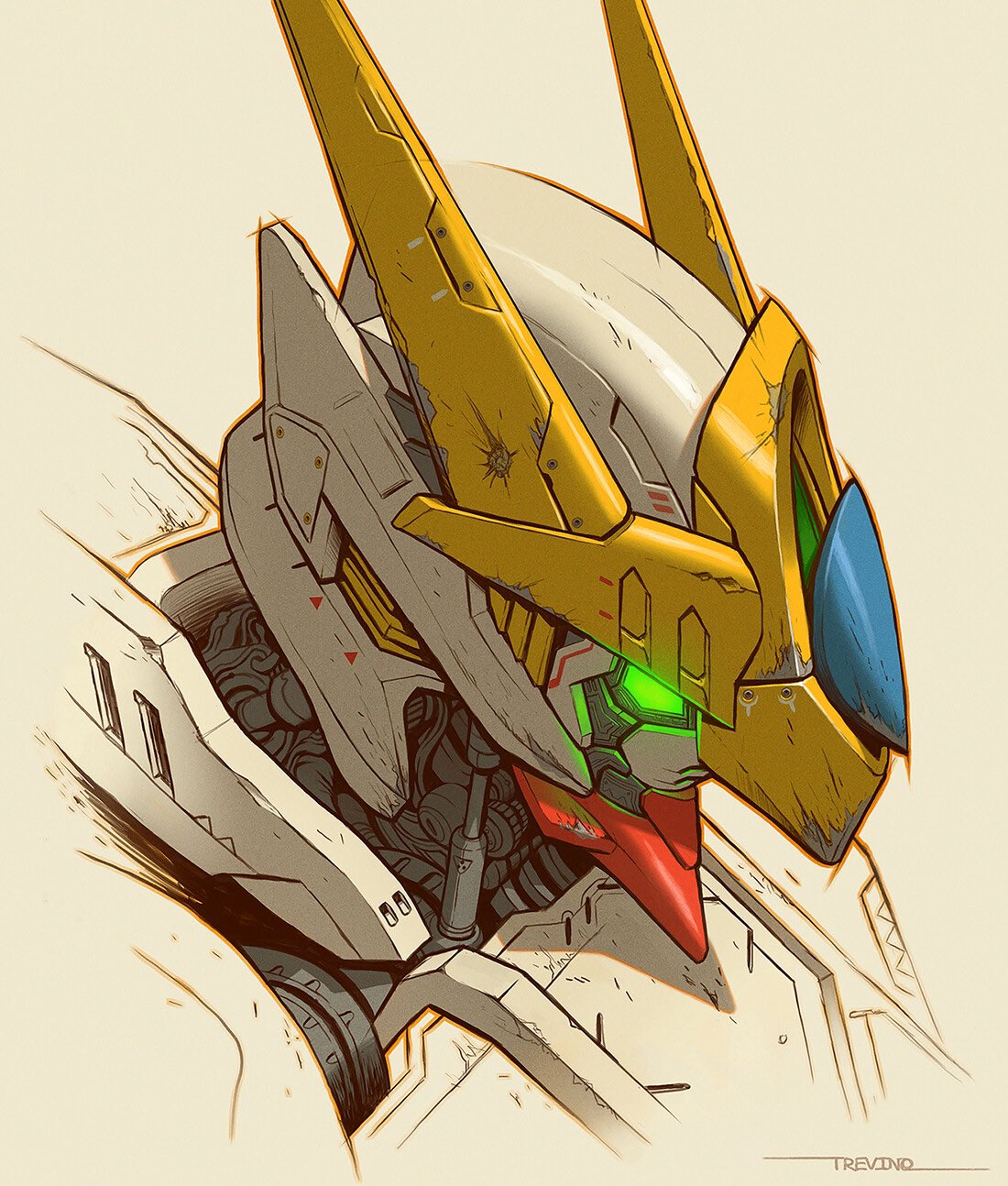 artist_name english_commentary from_side glowing glowing_eye green_eyes gundam gundam_barbatos gundam_barbatos_lupus gundam_tekketsu_no_orphans head_only highres looking_down mecha mobile_suit piston robbie_trevino science_fiction solo v-fin