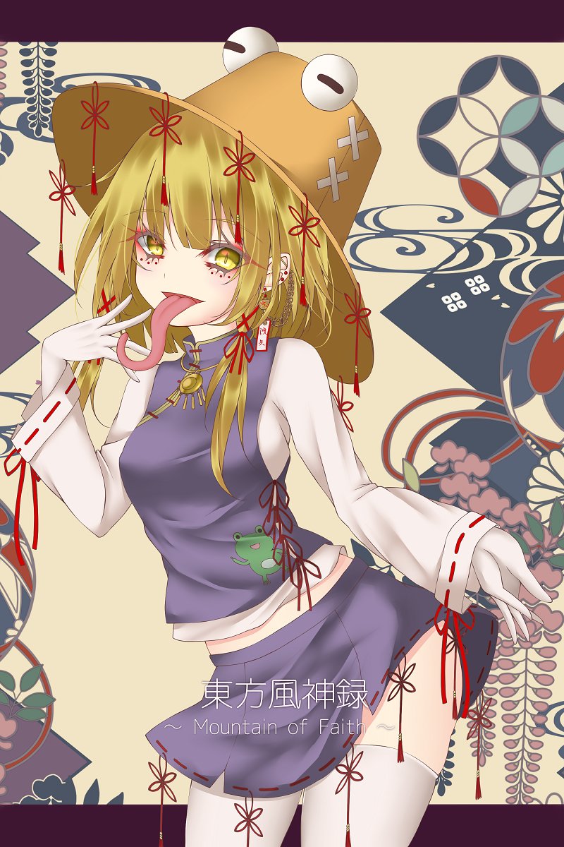 1girl abstract_background animal_print bangs blonde_hair breasts commentary_request covered_nipples dai_zu_san ear_piercing earrings elbow_gloves english_text eyebrows_visible_through_hair frog_print gloves hair_between_eyes hair_ribbon highres jewelry long_sleeves long_tongue looking_at_viewer medium_breasts medium_hair midriff_peek miniskirt moriya_suwako ofuda open_mouth piercing purple_skirt purple_vest pyonta red_ribbon ribbon ribbon-trimmed_skirt ribbon-trimmed_sleeves ribbon_trim shirt sidelocks skirt slit_pupils solo tassel thigh-highs tongue tongue_out touhou vest white_gloves white_legwear white_shirt white_sleeves yellow_eyes