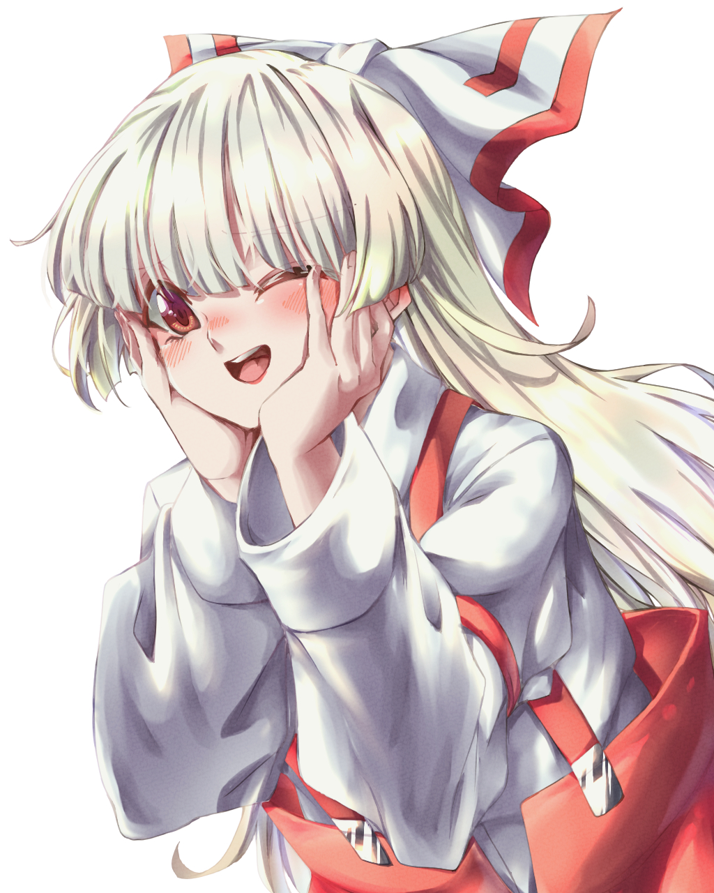 1girl bangs blush bow collar collared_shirt eyebrows_visible_through_hair fujiwara_no_mokou hair_between_eyes hair_bow hands_on_own_face hands_up highres isagi long_hair long_sleeves looking_at_viewer one_eye_closed open_mouth pants red_bow red_eyes red_pants shirt smile solo teeth tongue touhou two-tone_bow white_bow white_hair white_shirt