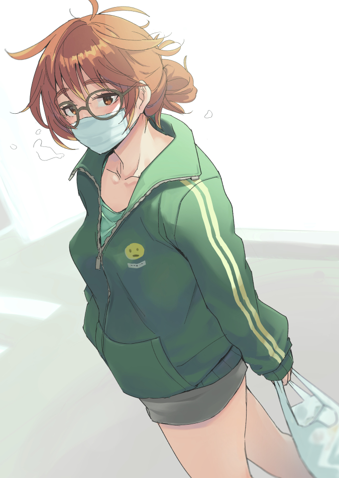 1girl alternate_hairstyle araki_hina bag brown_hair collarbone commentary_request dutch_angle eyebrows_visible_through_hair folded_ponytail glasses green_jacket green_shirt green_shorts holding holding_bag idolmaster idolmaster_cinderella_girls jacket kawaty looking_at_viewer messy_hair partially_unzipped plastic_bag shirt shorts solo white_mask