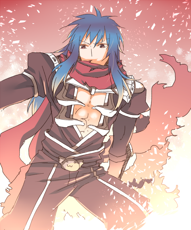 1boy :3 angeling armor assassin_cross_(ragnarok_online) bangs black_cape black_pants black_shirt blue_hair brown_eyes cape eremes_guile eyebrows_visible_through_hair feet_out_of_frame long_hair looking_to_the_side male_focus open_clothes open_shirt pants pauldrons ragnarok_online red_scarf sakakura_(sariri) scarf shirt shoulder_armor solo torn_cape torn_clothes torn_scarf vambraces waist_cape