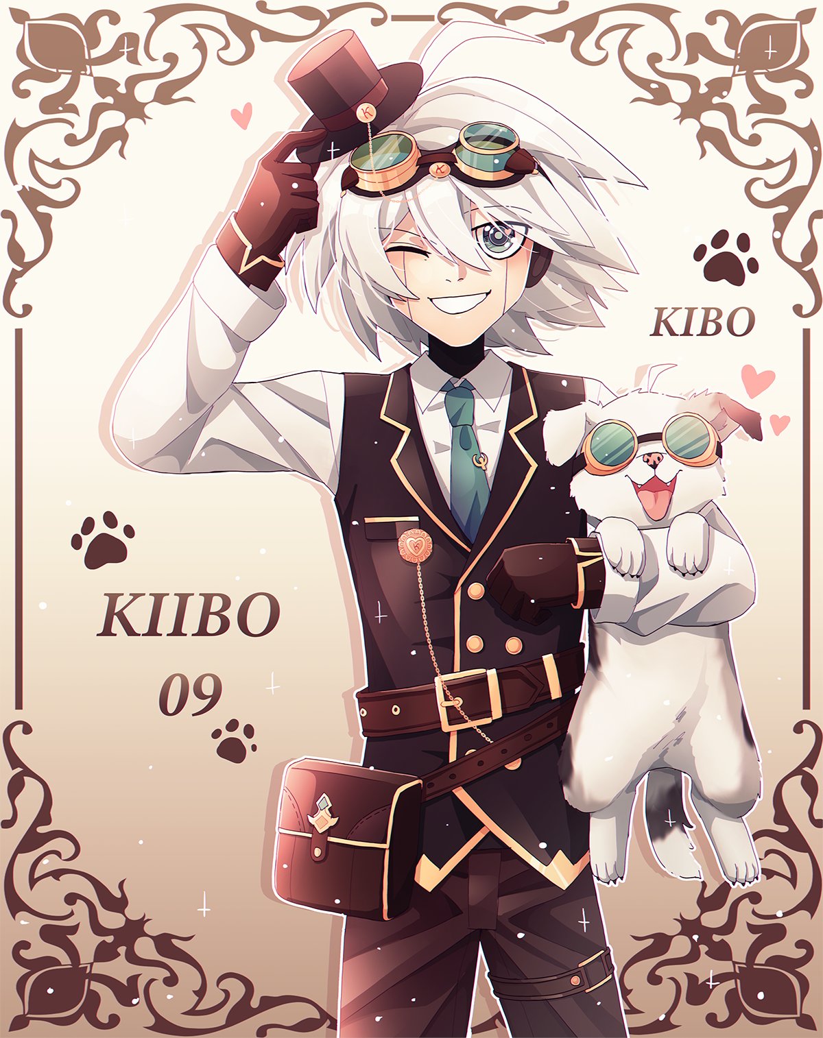 1boy :d ahoge animal bag bangs belt black_vest blush brown_background brown_bag brown_belt brown_gloves brown_headwear brown_pants buttons cheer_(cheerkitty14) collared_shirt danganronpa_(series) danganronpa_v3:_killing_harmony dog double-breasted english_commentary fangs gloves goggles goggles_on_head gradient gradient_background green_neckwear grin hat heart highres holding holding_clothes holding_hat keebo kibo_(cheer) looking_at_viewer necktie one_eye_closed open_mouth pants pouch shirt smile steampunk tongue tongue_out vest white_hair white_shirt