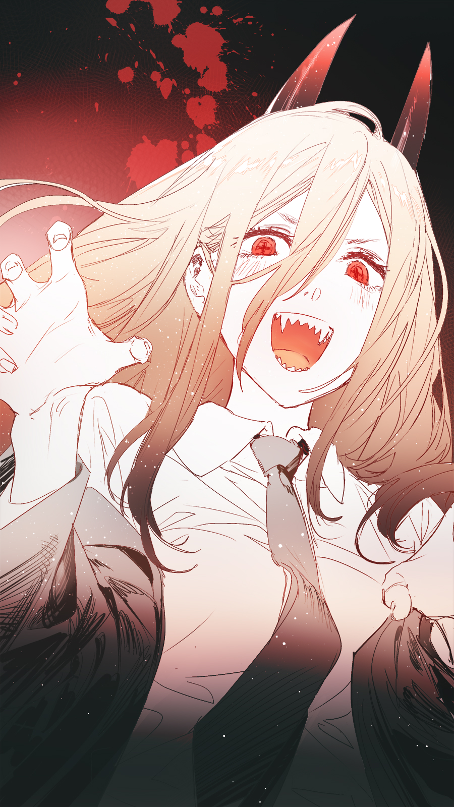 +_+ 1girl black_neckwear blood business_suit chainsaw_man collared_shirt crosshair_pupils demon_girl demon_horns formal hair_between_eyes highres horns long_hair looking_at_viewer necktie open_mouth pink_hair power_(chainsaw_man) red_background red_eyes red_horns rella sharp_teeth shirt shirt_tucked_in solo suit teeth upper_body white_shirt