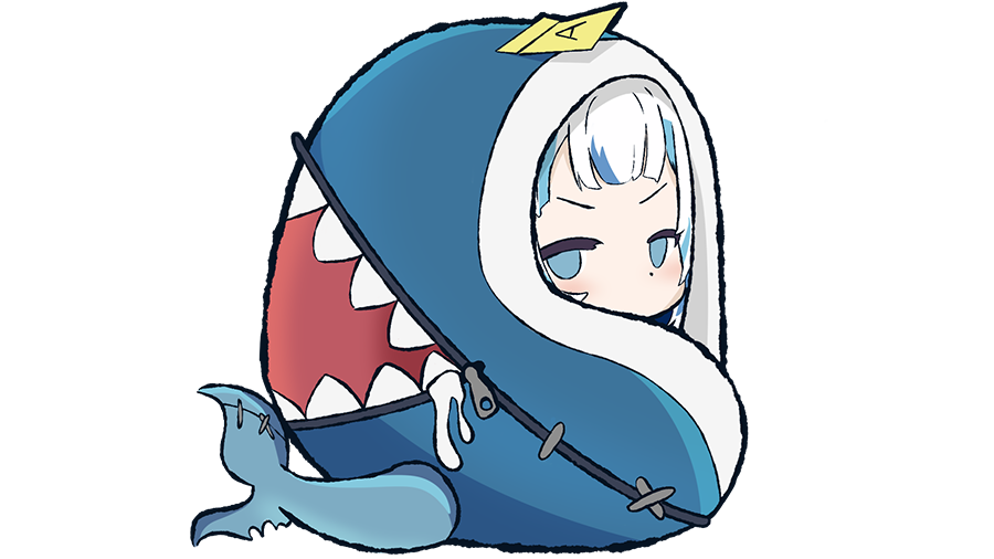 1girl blanket blue_eyes chibi fish_tail full_body gawr_gura hololive hololive_english ikalsaurus looking_at_viewer shark_tail simple_background solo tail transparent_background white_hair
