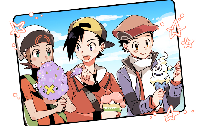 3boys :q backpack backwards_hat bag baseball_cap beanie black_hair blush blush_stickers brendan_(pokemon) brown_eyes brown_hair closed_mouth clouds commentary_request cotton_candy day drifloon eating ethan_(pokemon) green_bag green_eyes hat holding holding_spoon holding_stick jacket long_sleeves lucas_(pokemon) male_focus multiple_boys open_mouth pokemon pokemon_(game) pokemon_dppt pokemon_hgss pokemon_oras pokemon_platinum scarf short_hair short_sleeves sky smile spoon stick teeth themed_object tongue tongue_out upper_teeth vanillish white_headwear white_scarf xichii