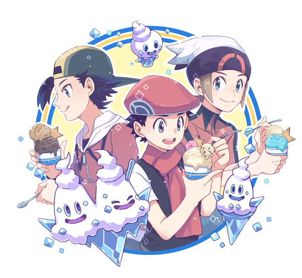 3boys backwards_hat baseball_cap beanie black_hair blue_eyes brendan_(pokemon) brown_hair closed_mouth ethan_(pokemon) evolutionary_line food grey_eyes hat holding holding_spoon ice_cream jacket lucas_(pokemon) male_focus multiple_boys open_mouth pokemon pokemon_(creature) pokemon_(game) pokemon_dppt pokemon_hgss pokemon_oras scarf short_hair short_sleeves smile spoon teeth tongue upper_teeth vanillish vanillite vanilluxe white_headwear xichii