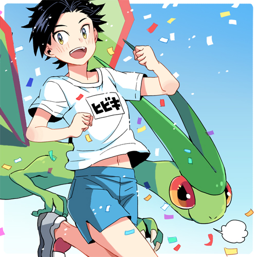 1boy :d alternate_costume bangs black_hair blue_shorts blush clenched_hands commentary_request confetti ethan_(pokemon) flygon grey_footwear lowres male_focus open_mouth pokemon pokemon_(creature) pokemon_(game) pokemon_hgss shirt shoes short_hair short_sleeves shorts smile t-shirt teeth tongue upper_teeth white_shirt xichii yellow_eyes