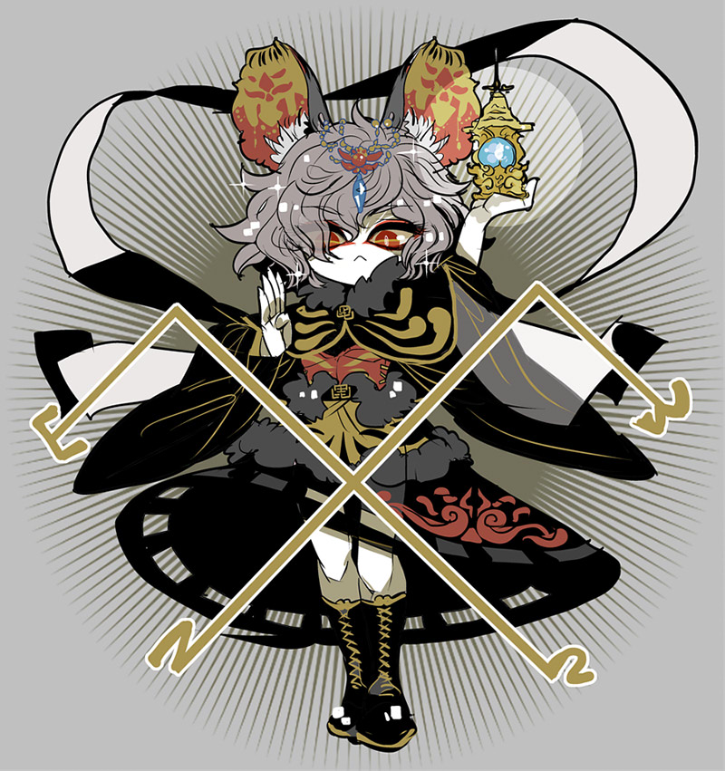 1girl :&lt; animal_ear_fluff animal_ears bishamonten's_pagoda black_footwear black_skirt boots commentary_request cosplay cross-laced_footwear dowsing_rod full_body grey_background grey_hair hagoromo hair_ornament hands_up holding knee_boots long_sleeves looking_at_viewer mouse_ears nazrin red_eyes red_shirt shawl shirt short_hair skirt solo sparkle tiger_stripes toramaru_shou toramaru_shou_(cosplay) touhou wavy_hair wide_sleeves yt_(wai-tei)