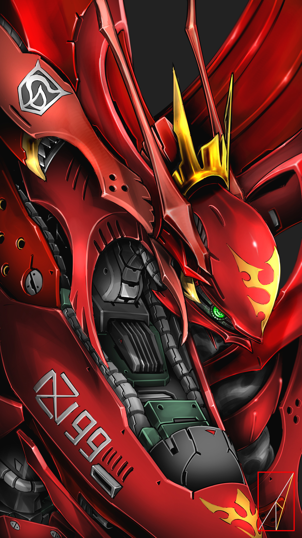 artist_logo cable char's_counterattack char's_counterattack_-_beltorchika's_children commentary denjyou23 green_eyes grey_background gundam highres mecha mobile_suit nightingale no_humans portrait science_fiction shiny single_eye solo