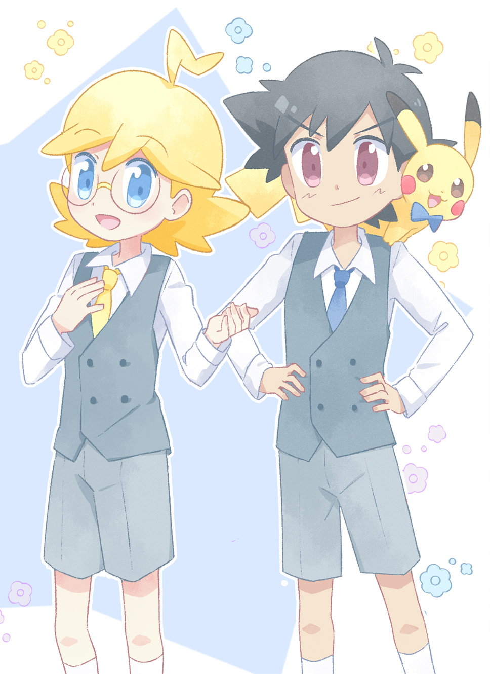 2boys :d ahoge akasaka_(qv92612) ash_ketchum bangs blonde_hair blue_bow blue_eyes blue_neckwear bow buttons clemont_(pokemon) collared_shirt commentary_request eyebrows_visible_through_hair glasses green_vest hands_on_hips hands_up highres kneehighs long_sleeves male_focus medium_hair multiple_boys open_mouth pokemon pokemon_(anime) pokemon_xy_(anime) shirt shorts smile tongue vest white_legwear white_shirt