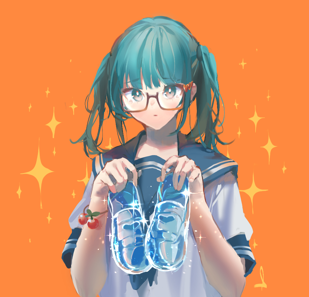 1girl aqua_eyes aqua_hair blush bracelet cherry cinderella eyebrows_visible_through_hair food fruit glasses glint hatsune_miku holding holding_shoes jewelry long_hair orange-framed_eyewear orange_background parted_lips school_uniform see-through serafuku shijohane shoes signature simple_background solo sparkle tearing_up twintails uniform vocaloid