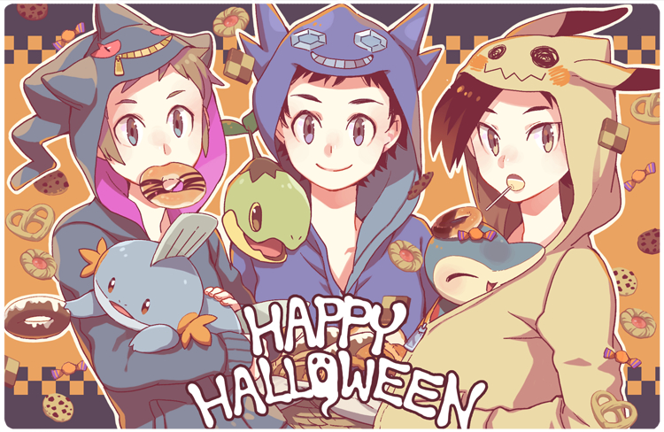 3boys alternate_costume banette banette_(cosplay) bangs brendan_(pokemon) brown_hair candy closed_mouth commentary_request cosplay cyndaquil doughnut ethan_(pokemon) food grey_eyes halloween happy_halloween holding holding_pokemon hood hood_up lollipop lucas_(pokemon) male_focus mimikyu mimikyu_(cosplay) mouth_hold mudkip multiple_boys pokemon pokemon_(creature) pokemon_(game) pokemon_dppt pokemon_hgss pokemon_oras pretzel sableye sableye_(cosplay) short_hair smile turtwig xichii zipper_pull_tab