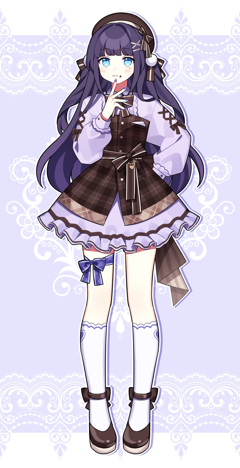 1girl aiba_uiha bag beret blue_background blue_eyes blue_hair blue_nails blue_ribbon blue_shirt bow bowtie brown_bow brown_dress brown_footwear brown_headwear brown_neckwear dress eating food food_on_face frilled_dress frills full_body hair_bow hair_intakes hair_ornament hairclip hat hat_bow highres long_hair long_sleeves looking_at_viewer nijisanji plaid plaid_dress puffy_long_sleeves puffy_sleeves ribbon shirt socks solo standing strappy_heels thigh_ribbon two_side_up very_long_hair virtual_youtuber waka_(wk4444) white_legwear x_hair_ornament