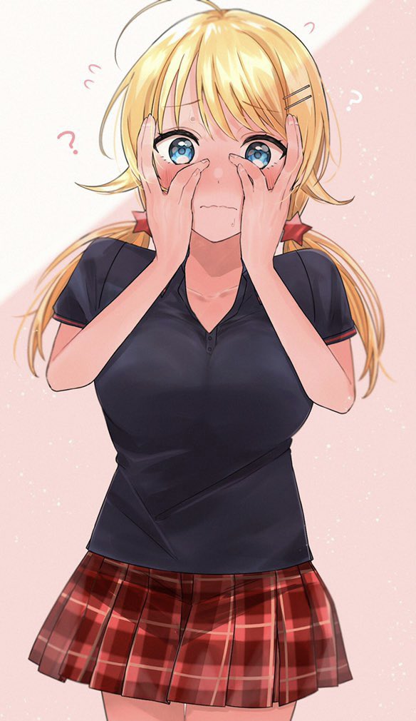 1girl ahoge blonde_hair blue_eyes blue_shirt blush hachimiya_meguru hands_on_own_face idolmaster idolmaster_shiny_colors katou_kato red_skirt shirt short_twintails skirt twintails