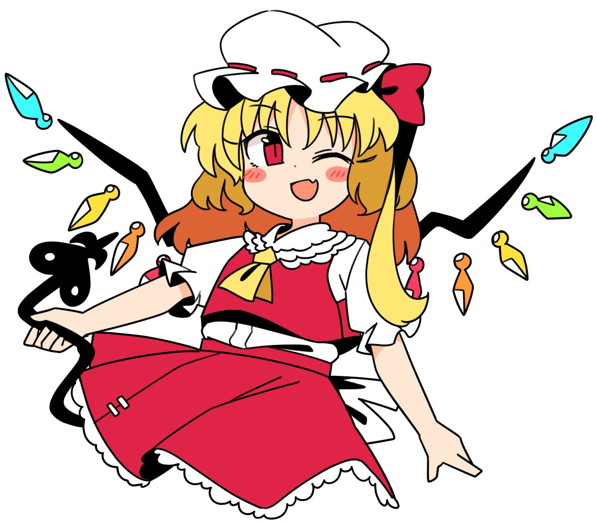 1girl ;d ascot bangs blonde_hair cropped_legs crystal eyebrows_visible_through_hair fang flandre_scarlet hat hat_ribbon holding ini_(inunabe00) laevatein_(touhou) looking_at_viewer medium_hair mob_cap one_eye_closed one_side_up open_mouth red_eyes red_ribbon red_skirt red_vest ribbon shirt short_sleeves simple_background skin_fang skirt smile solo touhou vest white_background white_headwear white_shirt wings yellow_neckwear