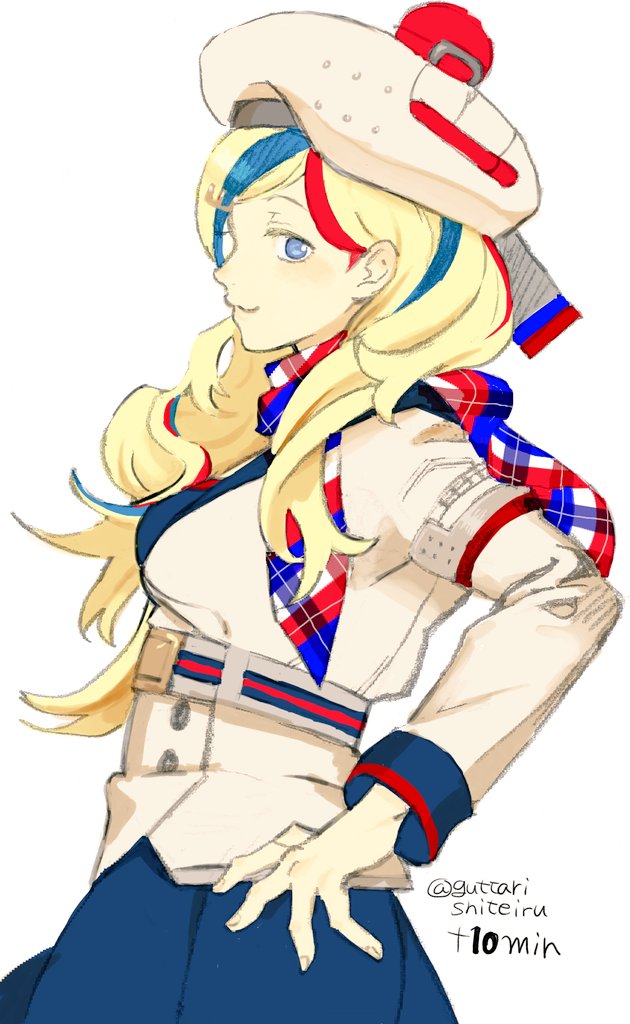 1girl :3 bangs beret blonde_hair blue_eyes blue_hair blue_skirt breasts commandant_teste_(kancolle) from_side guttarishiteiru hand_on_hip hat jacket kantai_collection long_hair long_sleeves medium_breasts multicolored multicolored_clothes multicolored_hair multicolored_scarf one-hour_drawing_challenge pom_pom_(clothes) profile red_headwear scarf simple_background skirt solo streaked_hair twitter_username white_background