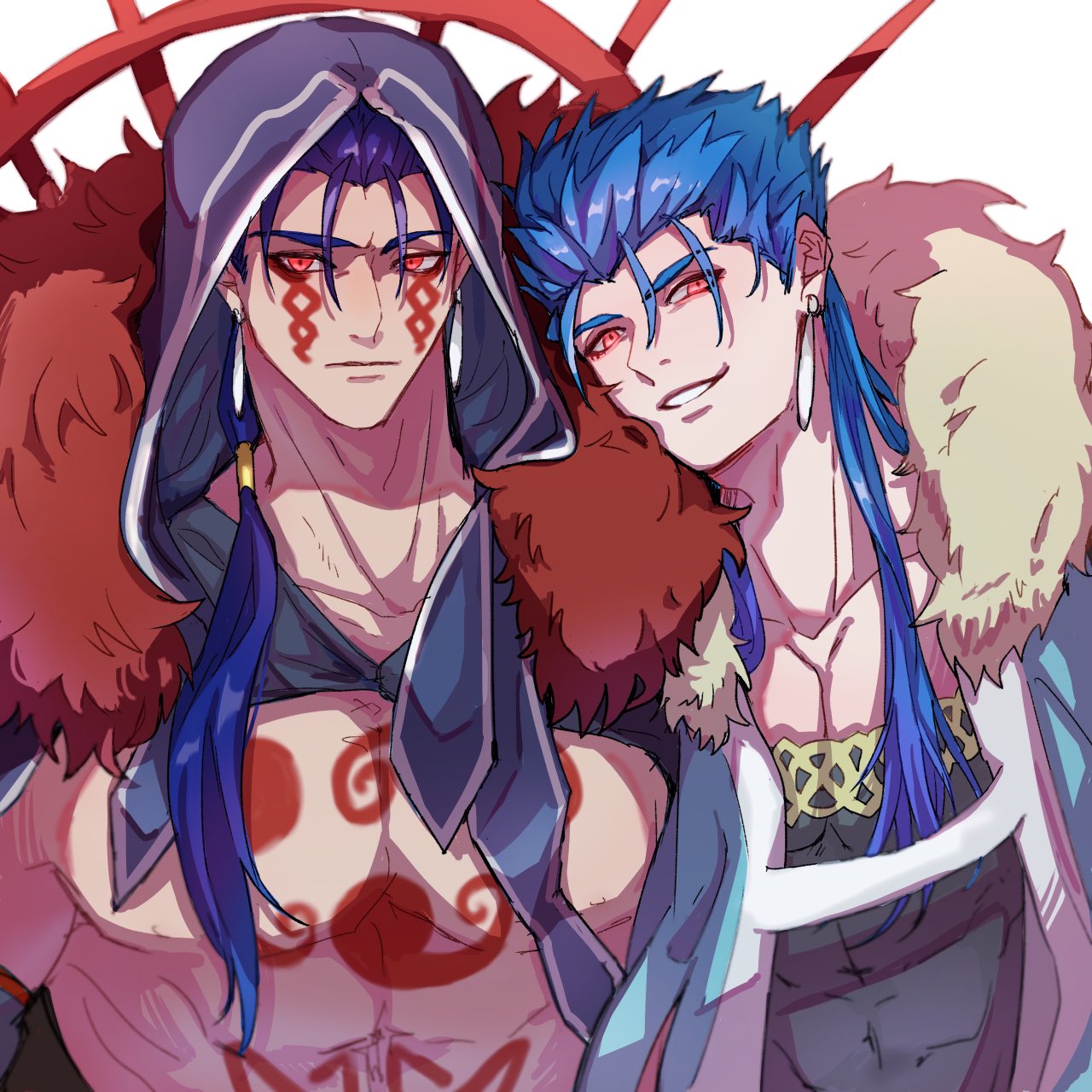 2boys angry blue_hair bodypaint cape closed_mouth cu_chulainn_(caster)_(fate) cu_chulainn_(fate) cu_chulainn_alter_(fate/grand_order) dark_blue_hair dark_persona earrings facepaint fate/grand_order fate_(series) fur-trimmed_cape fur-trimmed_hood fur_trim grin highres hood hood_down hood_up jewelry male_focus multiple_boys multiple_persona muscular muscular_male nova_(novalis4929) pectorals ponytail red_eyes slit_pupils smile spikes spiky_hair topless_male