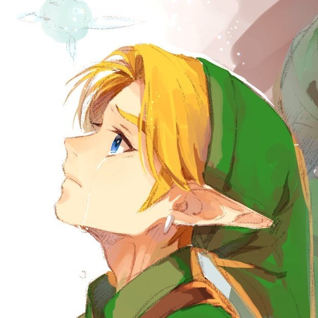 1boy bangs blonde_hair blue_eyes earrings eori_namo_d green_headwear jewelry link pointy_ears short_hair solo tears the_legend_of_zelda the_legend_of_zelda:_ocarina_of_time young_link