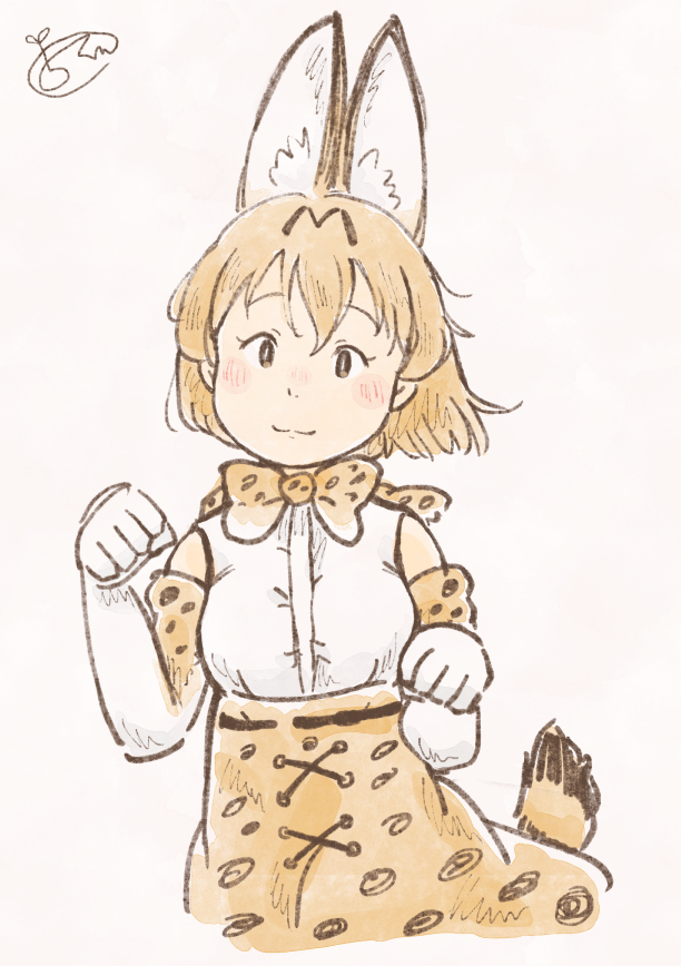 1girl :3 animal_ear_fluff animal_print bangs bare_shoulders beige_background blush blush_stickers bow bowtie bright_pupils brown_eyes chii-kun_(seedyoulater) clenched_hands closed_mouth cowboy_shot cropped_legs elbow_gloves extra_ears gloves hands_up head_tilt high-waist_skirt kemono_friends looking_at_viewer nose_blush orange_hair orange_skirt pale_color paw_pose print_bow print_gloves print_neckwear print_skirt serval_(kemono_friends) serval_print shirt short_hair signature simple_background skirt sleeveless sleeveless_shirt smile solo standing straight-on tail tareme two-tone_gloves white_gloves white_pupils white_shirt